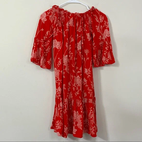H&M Red White Floral Off The Shoulder Flounced Hem Summer Dress - Picture 9 of 9